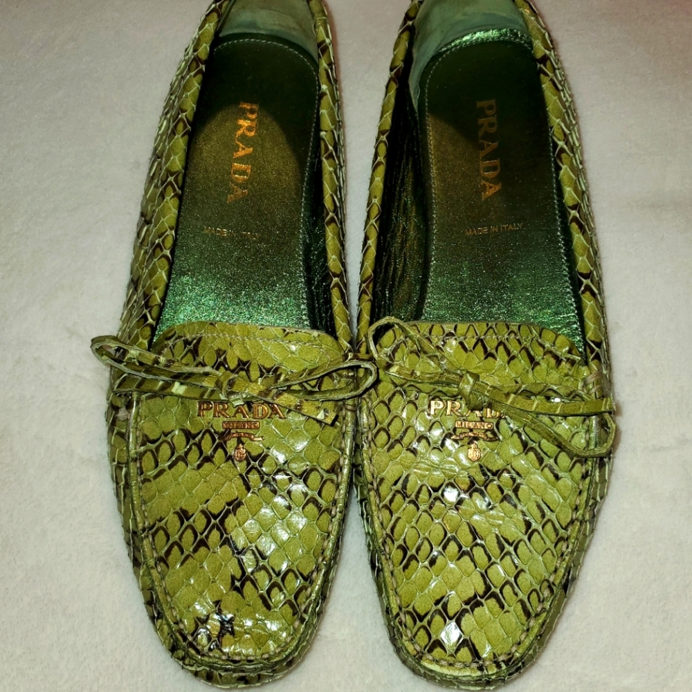 Prada Lime Green Snakeskin Almond Toe Loafers 37.5
